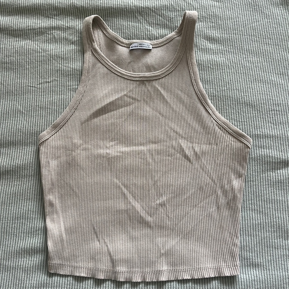 Bershka White and Tan Fitted Crop Tank Top